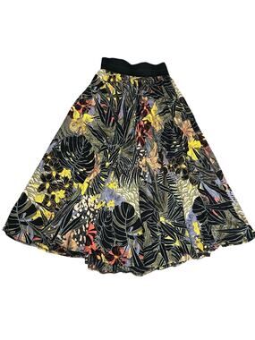 VTG 90s Condor Black Multi Floral Midi Skirt M Flowy Boho Grunge Casual Pull On